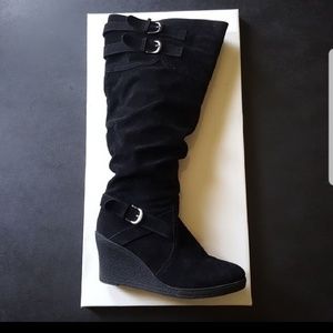 Women's faux suede wedge boots with wide calf